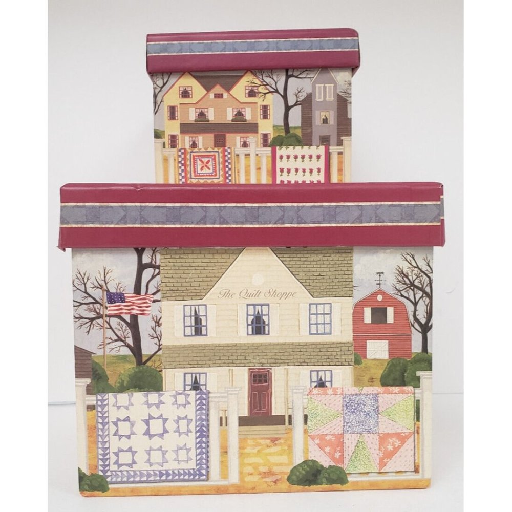 Set of 2 Decorative Boxes "Quilt Shop" Tray Inserts Stackable Cardbord